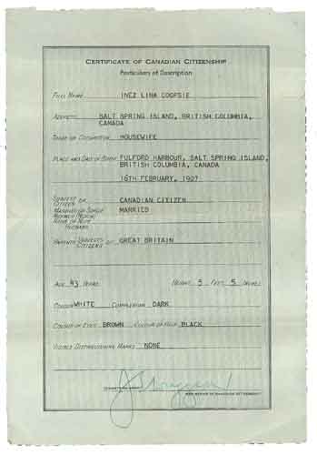 Inez Lina Coopsie’s Certificate of Canadian Citizenship