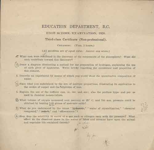 An Education Department, B.C. High School Examination, 1920