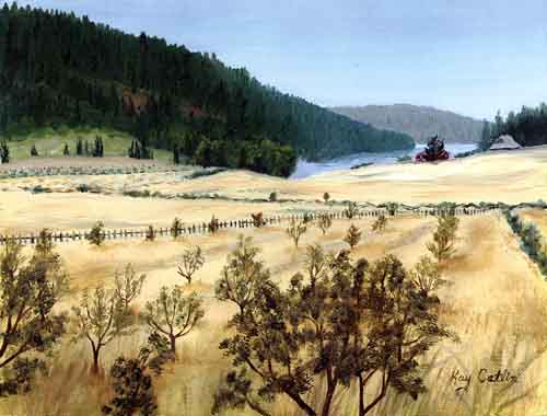 Painting of John and Mary Maxwell’s farm at Burgoyne Bay, Salt Spring Island. The artist was Kay Catlin