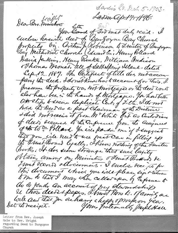 Une lettre du révérend Joseph Hale au révérend Wright