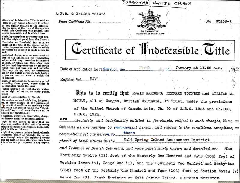 Page 1 Certificat de Titre irrévocable de l'Église Unie de Burgoyne Bay, sous la tutelle de Edwin Parsons, Richard Toynbee et William M. Mouat.