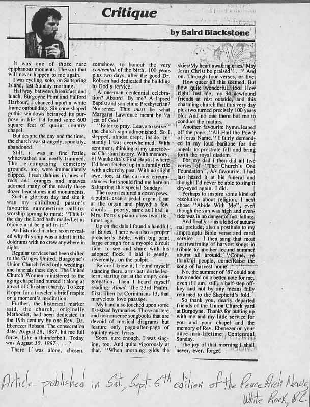 Un article touchant, signé Baird Blackstone, publié le samedi 5 septembre 5th dans le <I>Peace Arch News</I> de White Rock, C.B.
