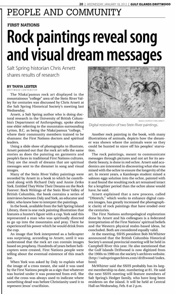 scan of Driftwood newspaper article entitled 'Rock paintings reveal song and visual dream messages'