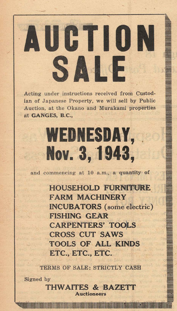 poster advertising sale of Japanese Canadian moveable property on Saltspring Island in the Saanich Peninsula & Gulf Islands Review 3 November 1943